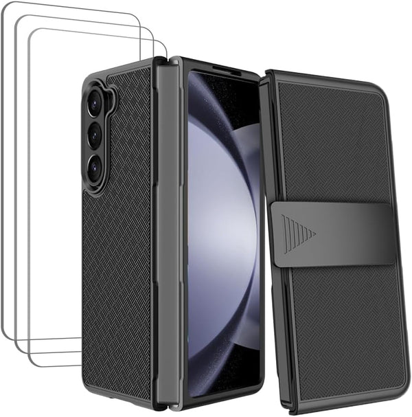 Samsung Galaxy Z Fold 5 5G Belt Clip Holster Phone Case + 3-Pack Tempered Glass Screen Protector