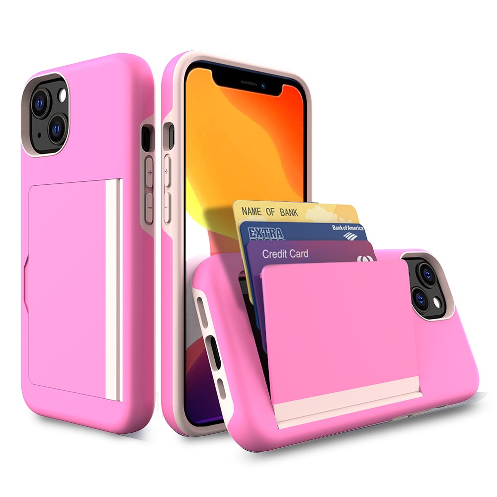 Apple iPhone 13 Dual-Layer Card Holder Wallet Case, Pink