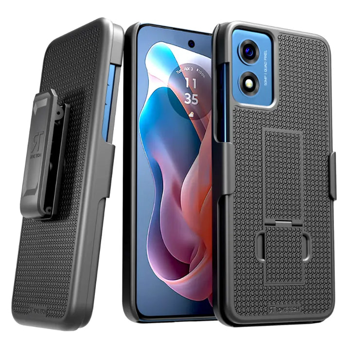 Rugged Armor Case With Belt Clip Holster & Tempered Glass For Moto G Play 4G 2024